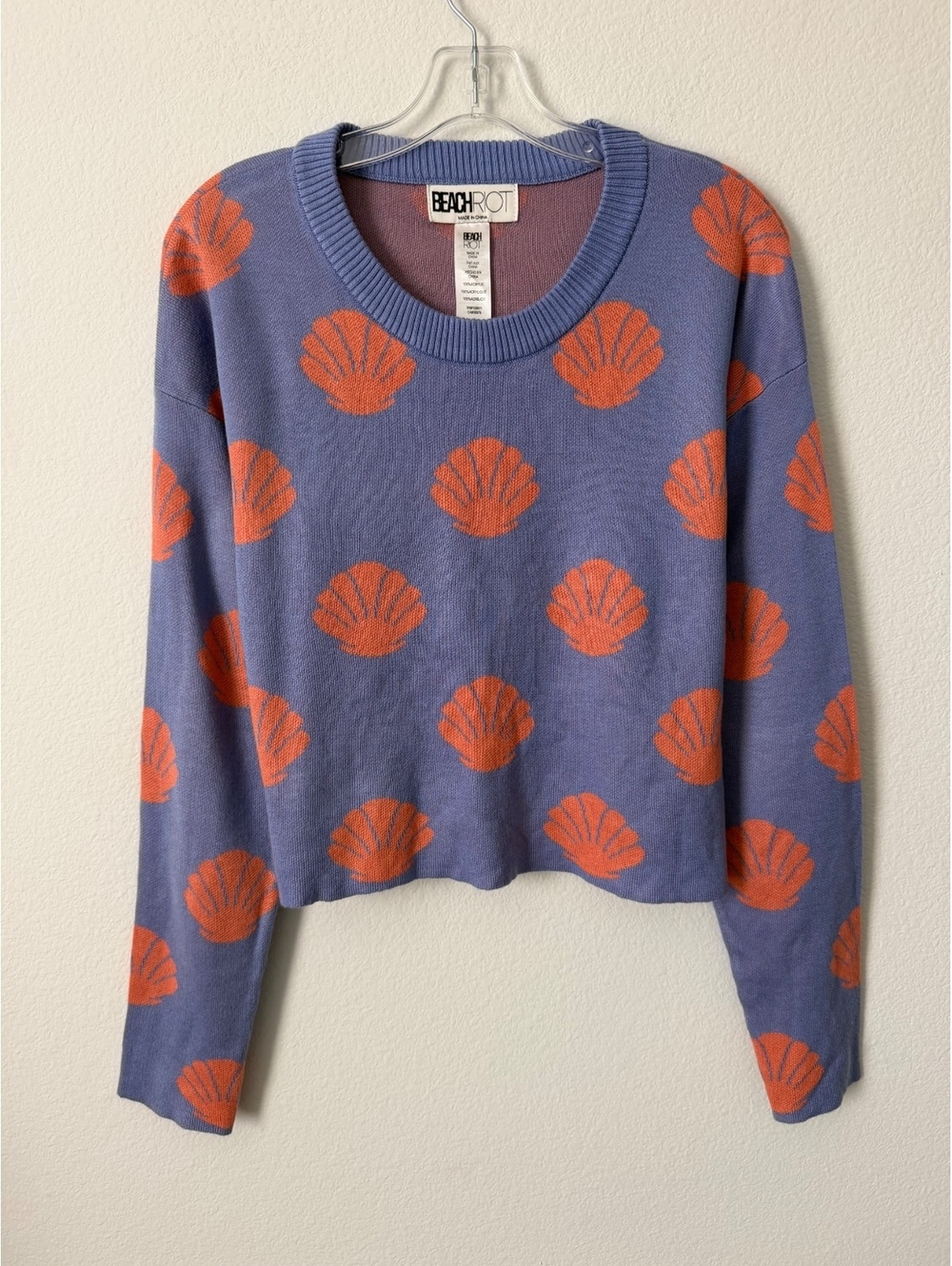 Beach Riot Long Sleeve Crew Neck Orange/Purple Sea Shells Cropped Sweater Size S